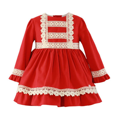 VESTIDO NIÑA ROJO CON DETALLES DE ENCAJE COLOR CRUDO - Menta Moda Infantil