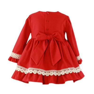 VESTIDO NIÑA ROJO CON DETALLES DE ENCAJE COLOR CRUDO - Menta Moda Infantil