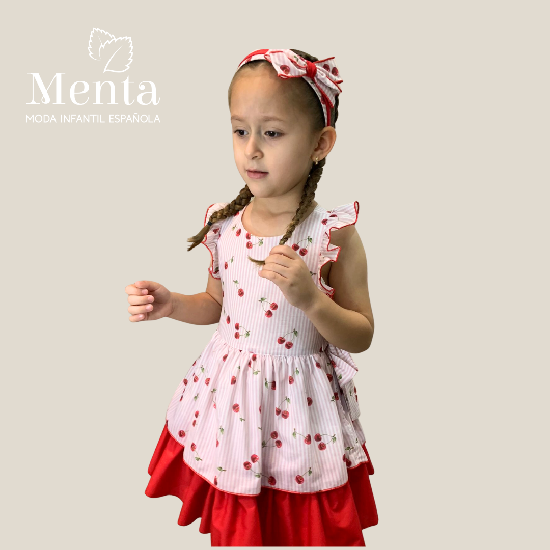 VESTIDO ESTAMPADO CEREZAS  CON VOLANTES - Menta Moda Infantil