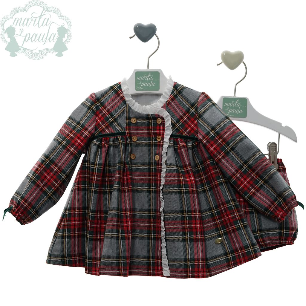 VESTIDO BEBE NINA MANGA LARGA CUADROS ESCOCES GRIS CON POLO FAMILIA ILUSION - Menta Moda Infantil