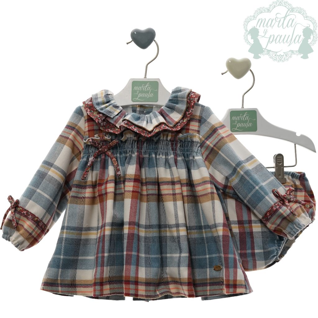 VESTIDO BEBE NINA MANGA LARGA CUADROS EN TONOS AZUL TURQUESA  Y BRAGUITA FAMILIA FANTASIA - Menta Moda Infantil