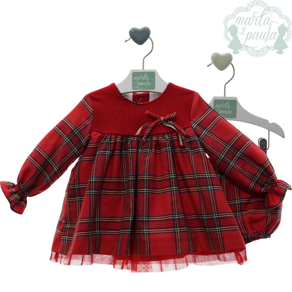 VESTIDO BEBE NINA MANGA LARGA ROJO CUADROS FAMILIA AMOR - Menta Moda Infantil