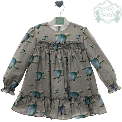 VESTIDO NINA MANGA LARGA VERDE EMPORLVADO GLOBOS AEROSTATICOS FAMILIA ESPERANZA - Menta Moda Infantil