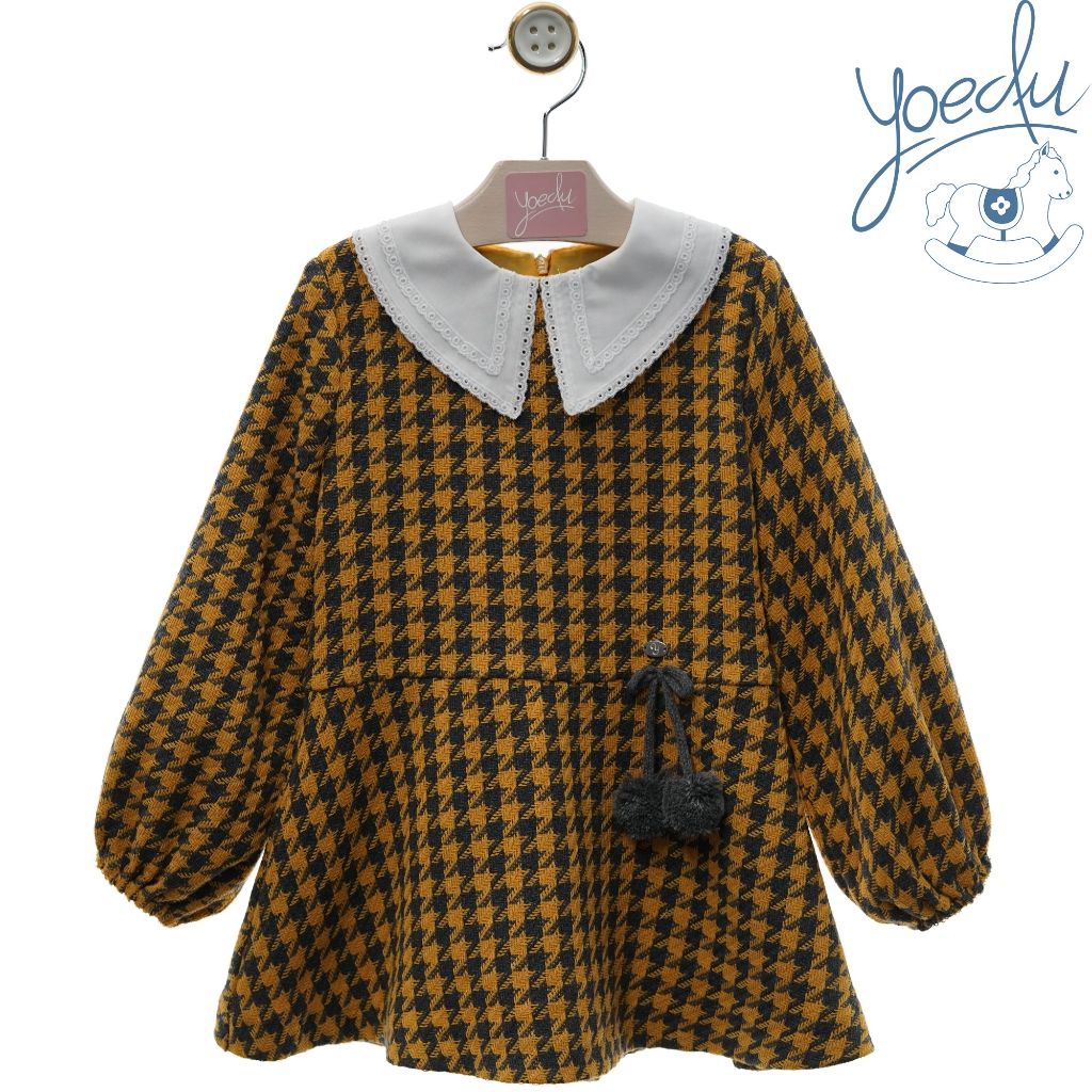 VESTIDO NINA MANGA LARGA  PATA GALLO MOSTAZA Y GRIS FAMILIA ASPEN - Menta Moda Infantil