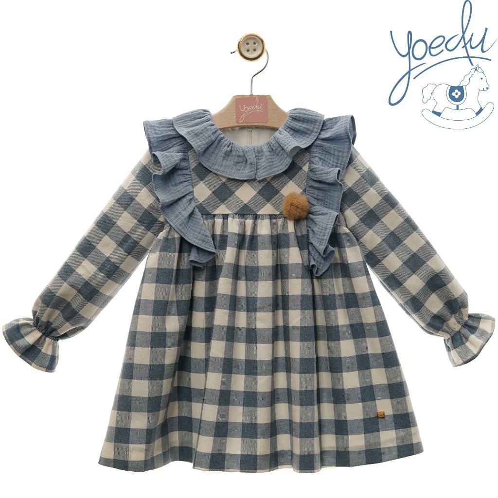 VESTIDO NINA MANGA LARGA CUADROS AZULES CON BLANCOS FAMILIA NIEVES - Menta Moda Infantil