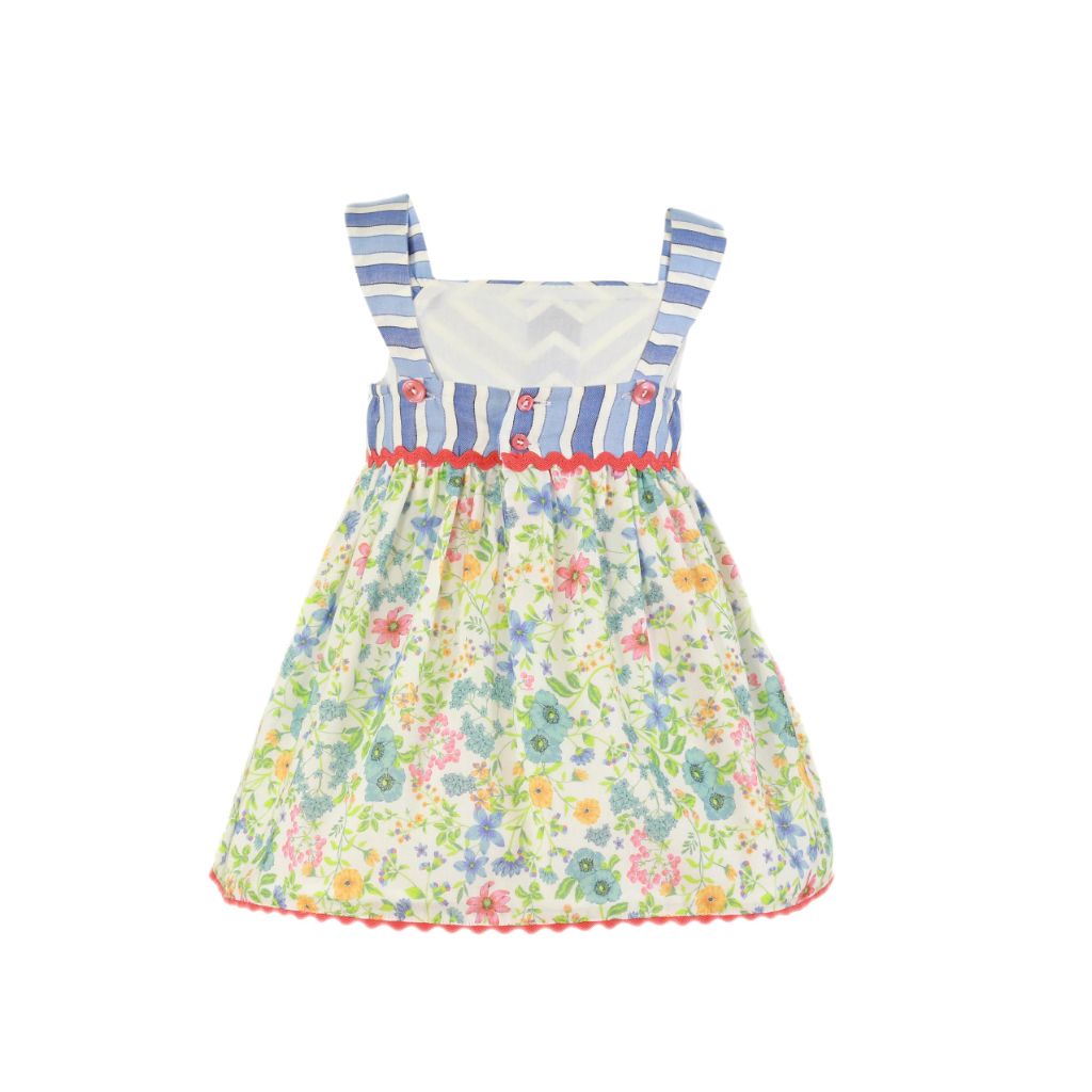 VESTIDO CELESTE LINEAS Y FLORES