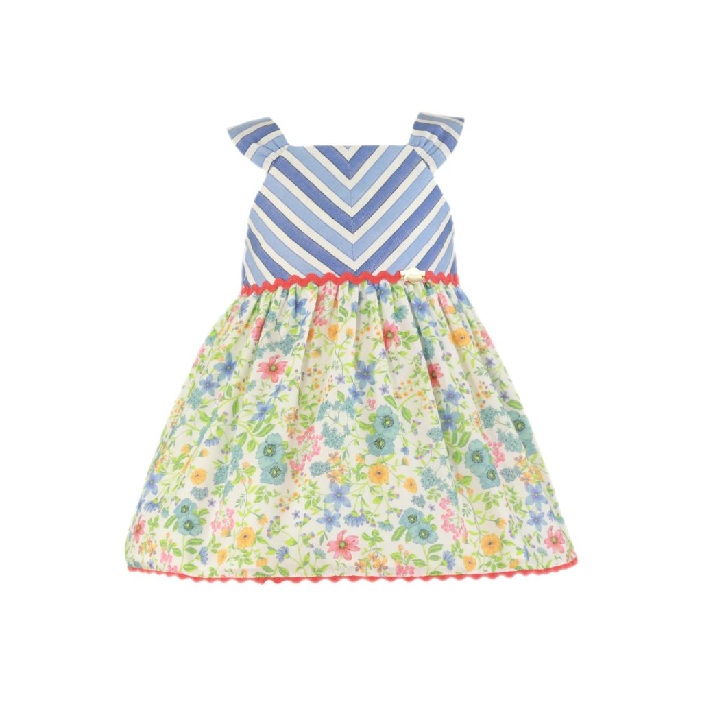 VESTIDO CELESTE LINEAS Y FLORES