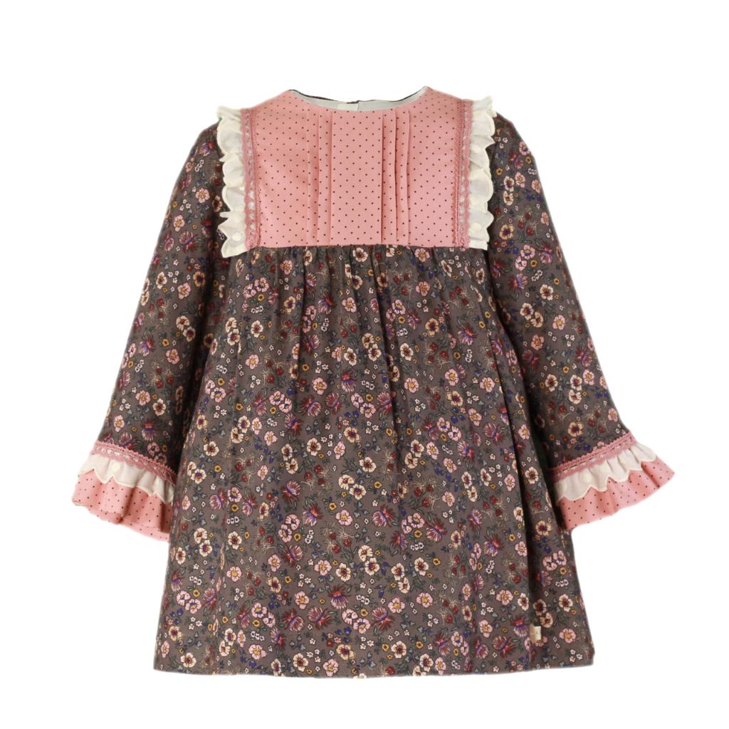 VESTIDO MANGA LARGA NINA FLORES ROSA PALO FONDO OSCURO - Menta Moda Infantil