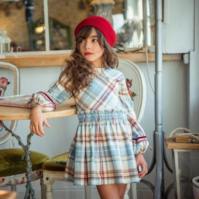 VESTIDO NINA MANGA LARGA TURQUESA CUADROS FAMILIA FANTASIA - Menta Moda Infantil