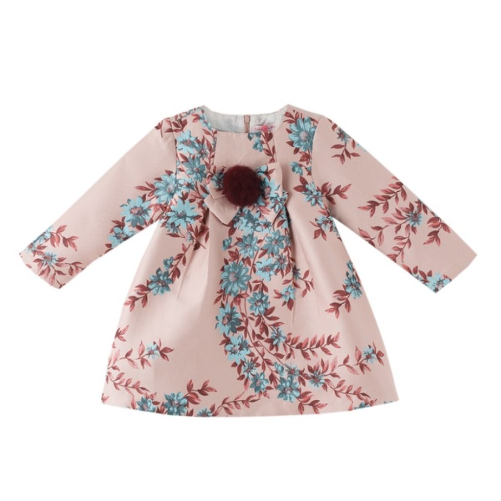 VESTIDO NIÑA ESTAMPADO FLORES CON POMPON - Menta Moda Infantil