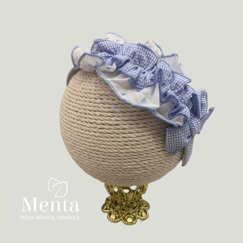 DIADEMA DE CUADROS VICHY Y PLUMETI BICOLOR CELESTE