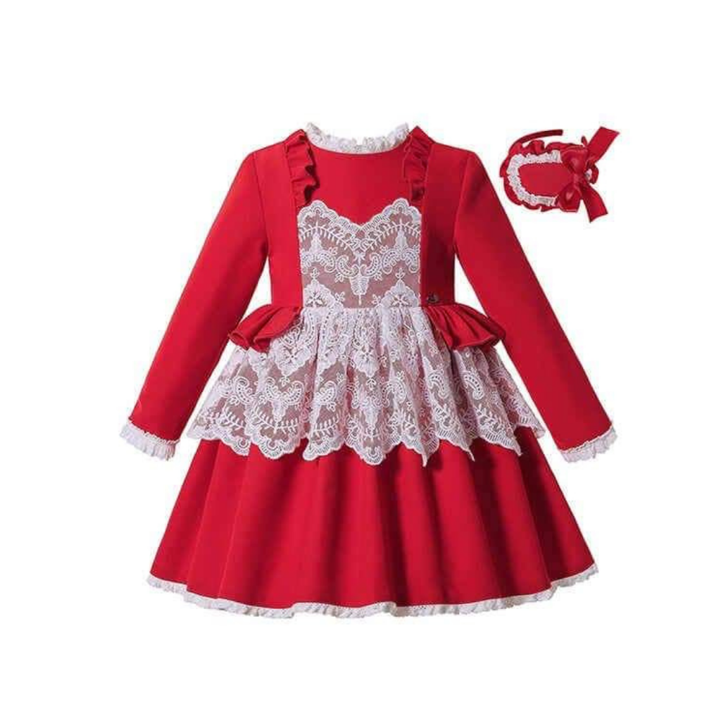 VESTIDO NIÑA ROJO CON ENCAJE CRUDO - Menta Moda Infantil