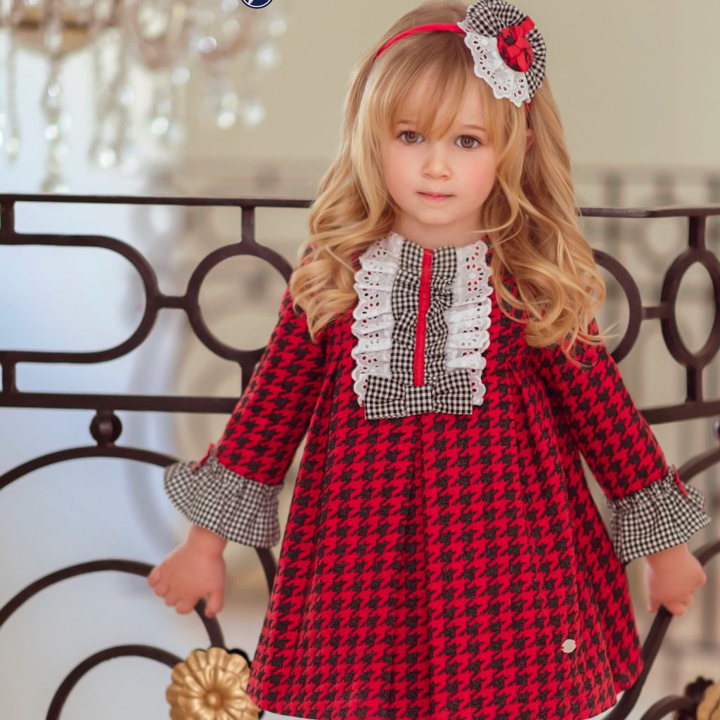 VESTIDO MANGA LARGA NINA ROJO PATA GALLO - Menta Moda Infantil