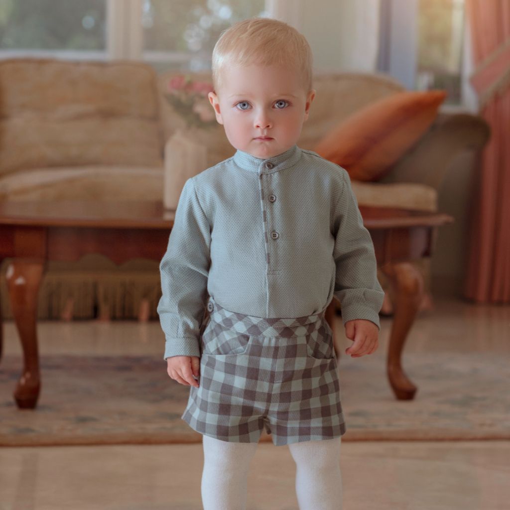 CONJUNTO  NINO CAMISA  MANGA LARGA Y PANTALON CORTO CUADROS  VERDE EMPOLVADO - Menta Moda Infantil