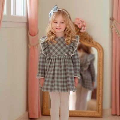 VESTIDO MANGA LARGA NINA CUADROS VERDE EMPOLVADO Y GRIS - Menta Moda Infantil