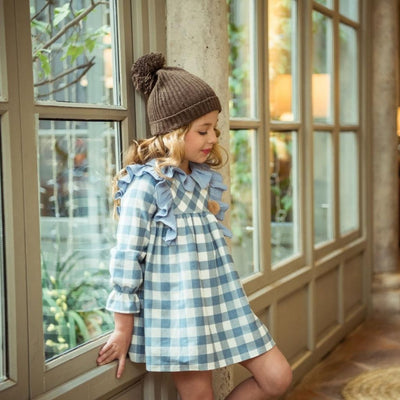VESTIDO NINA MANGA LARGA CUADROS AZULES CON BLANCOS FAMILIA NIEVES - Menta Moda Infantil