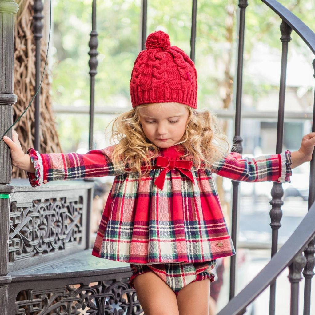 JESUSIN BEBE NINA MANGA LARGA CUADROS ROJO CON BRAGUITA Y CAPOTA FAMILIA NOEL - Menta Moda Infantil